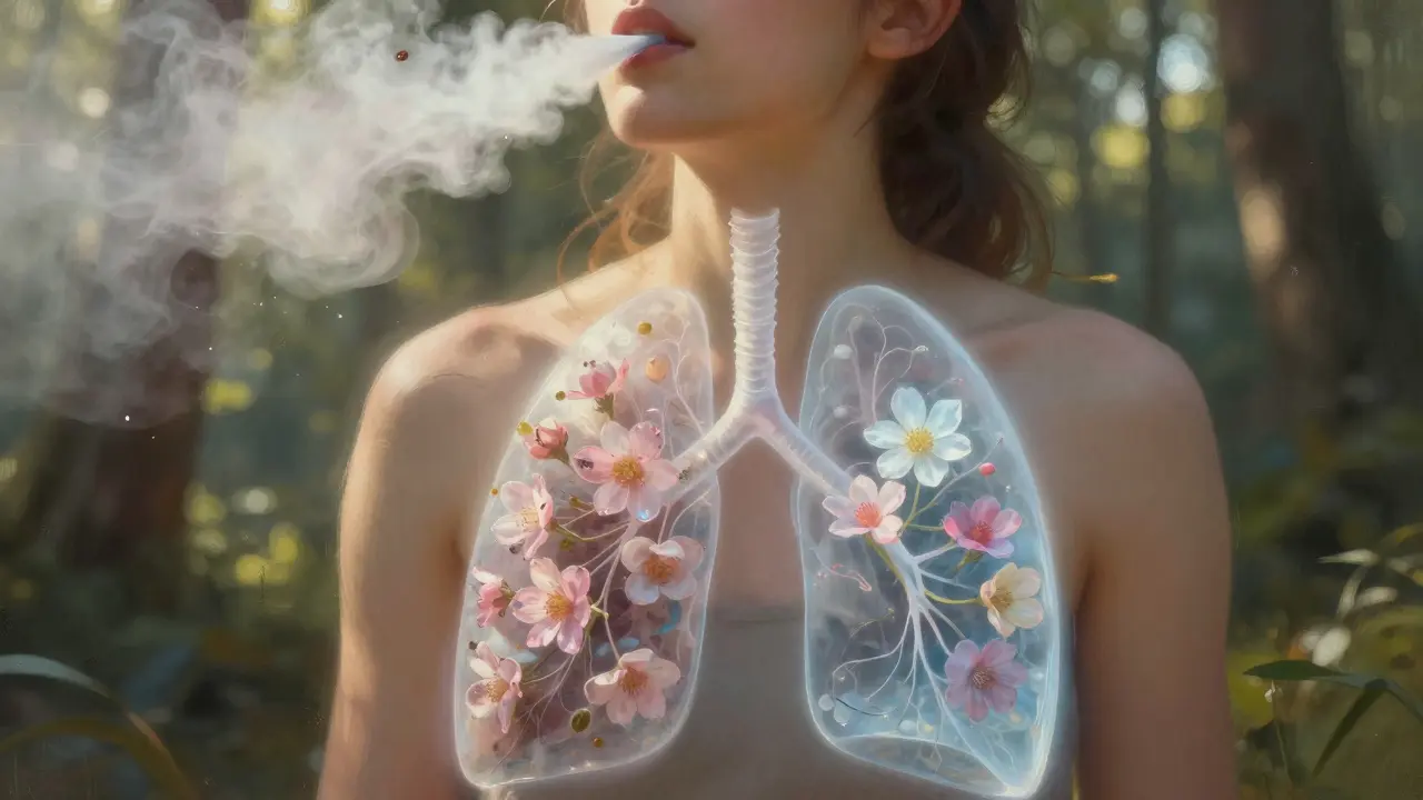 Člověk dýchá hluboce v lese, s průhledným zobrazením hojících se plic a čistým kyslíkem.