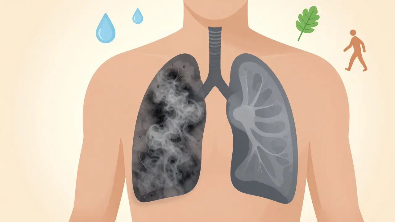 Člověk dýchá klidně, jedna strana hrudníku ukazuje zachycený kouř, druhá zdravé plicní tkáně.