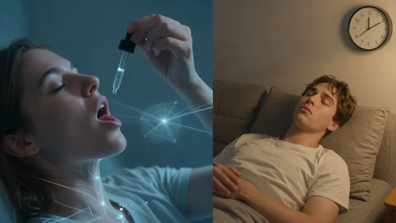 Člověk podává HHC pod jazyk, s vizuálním znázorněním vstřebávání do krve.