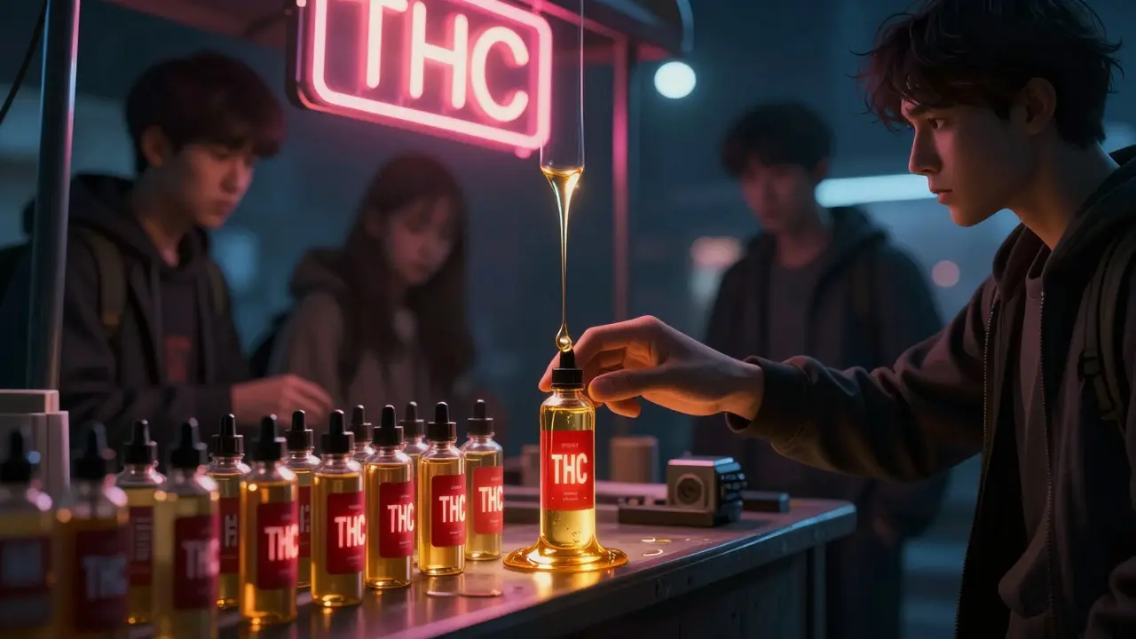 Dark market stall selling unmarked vape cartridges with glowing THC labels.