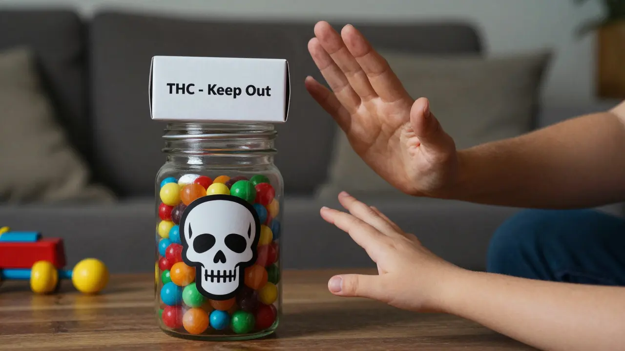 Dítě se snaží dostat k bonbónu s ikonou lebky, zatímco dospělý ho zadržuje.