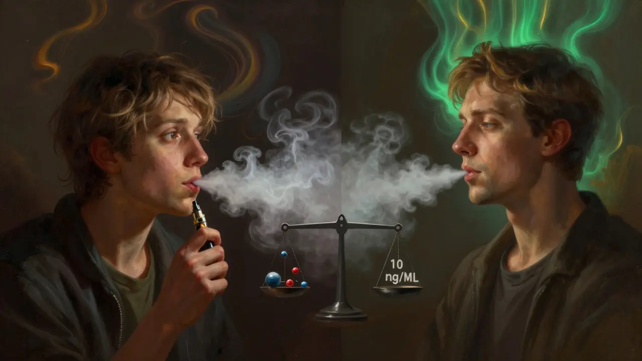 Dva uživatelé THCP: jeden překvapený, druhý klidný, s váhou označenou 10 ng/mL mezi nimi.