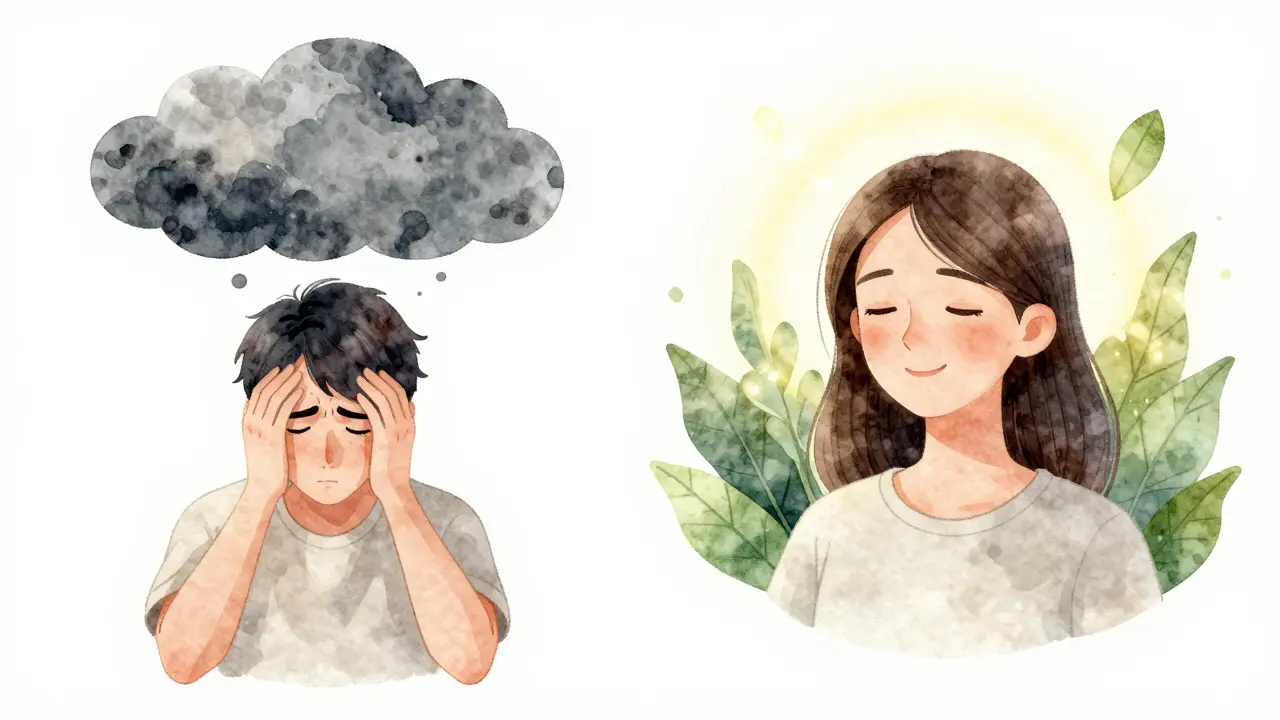 Dvě části obrázku: napjatá osoba a ta samá osoba v klidu, symbolizující účinek CBD.