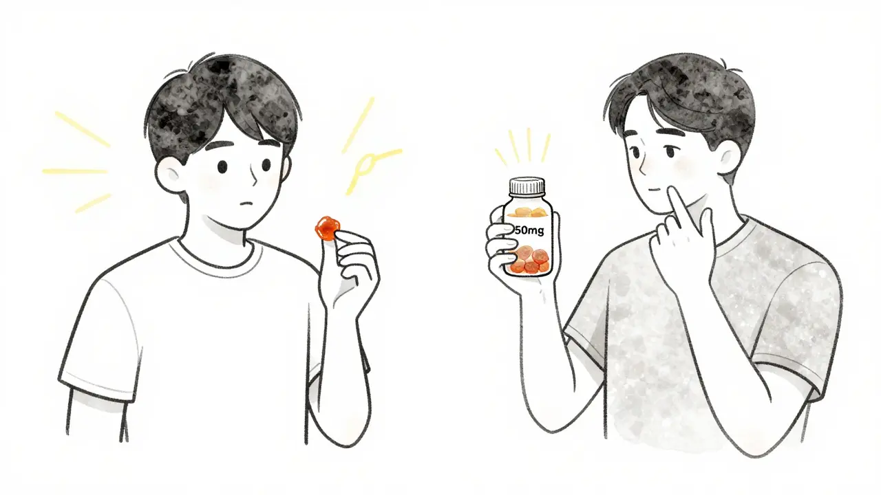 Dvě scény: začátečník s jednou bonbonkou a zkušený uživatel s vyšší dávkou, symbolizující osobní přístup k CBD.