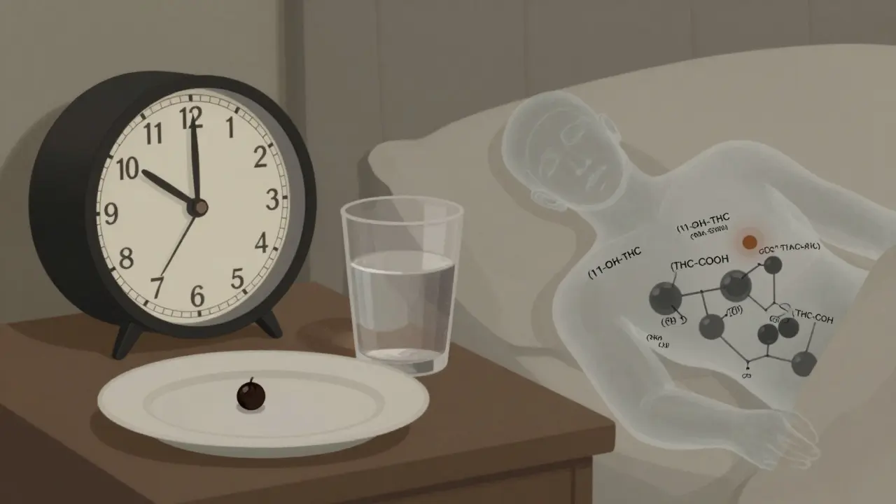 Hodiny na nočním stolku s sklenicí vody a černým pepřem, v těle spící osoby probíhá metabolizace THC.