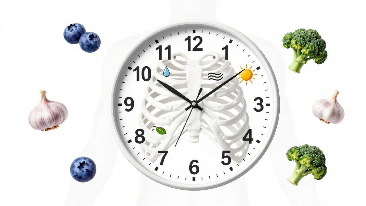 Hodiny v hrudníku ukazující obnovu plic během tří měsíců s symboly vody, listů a slunce.