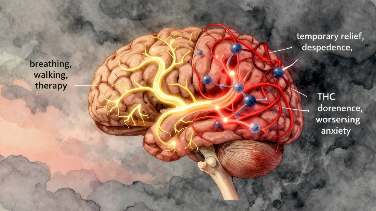 Ilustrace mozku s dvěma cestami: jedna zlatá a klidná, druhá červená a zmatená, symbolizující úzkost a její řešení.