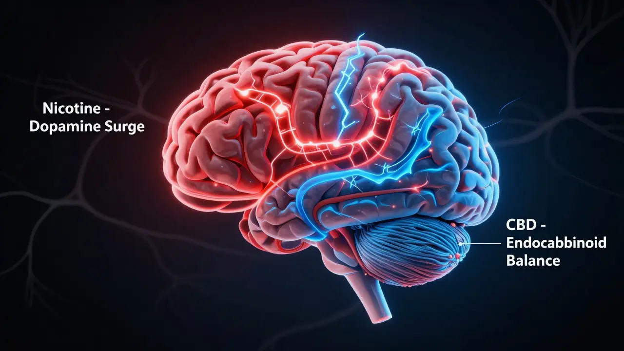 Mozek s dvěma odlišnými cestami: jedna červená a nárazová, druhá modrá a klidná.