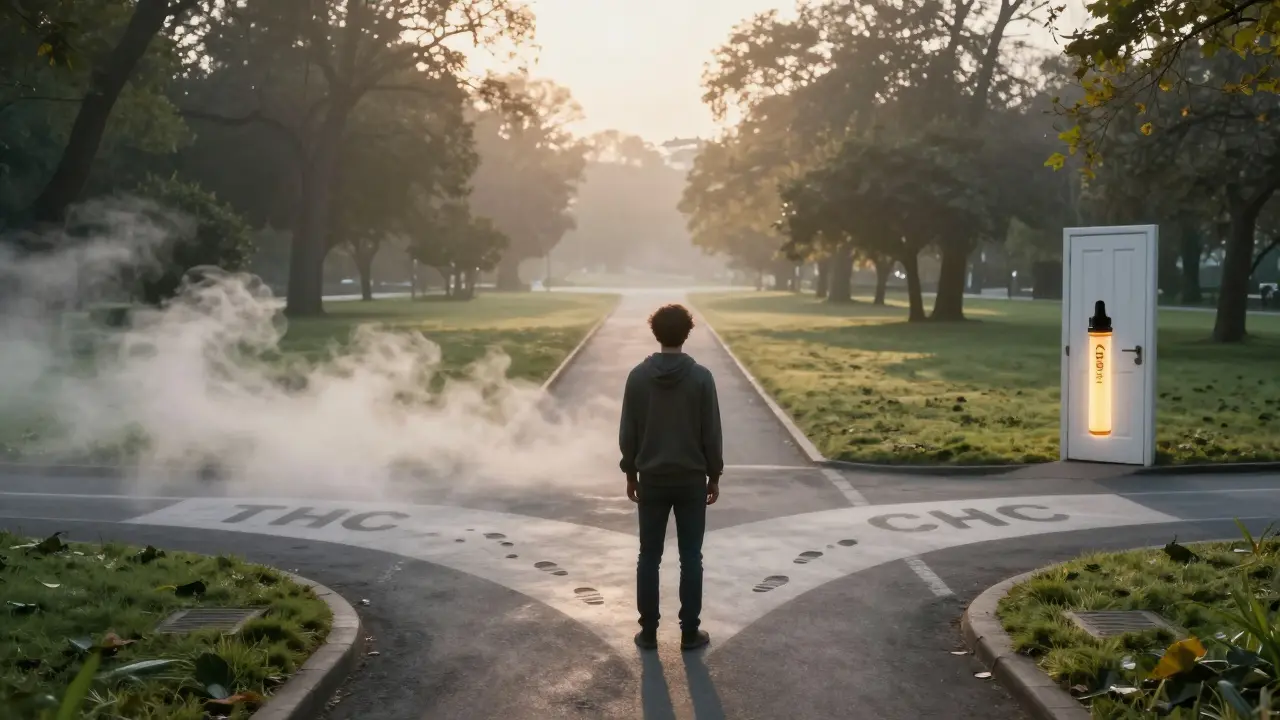 Osoba na křižovatce: jedna cesta mizí v mlhách, druhá vede k přírodě a klidu v ranním světle.