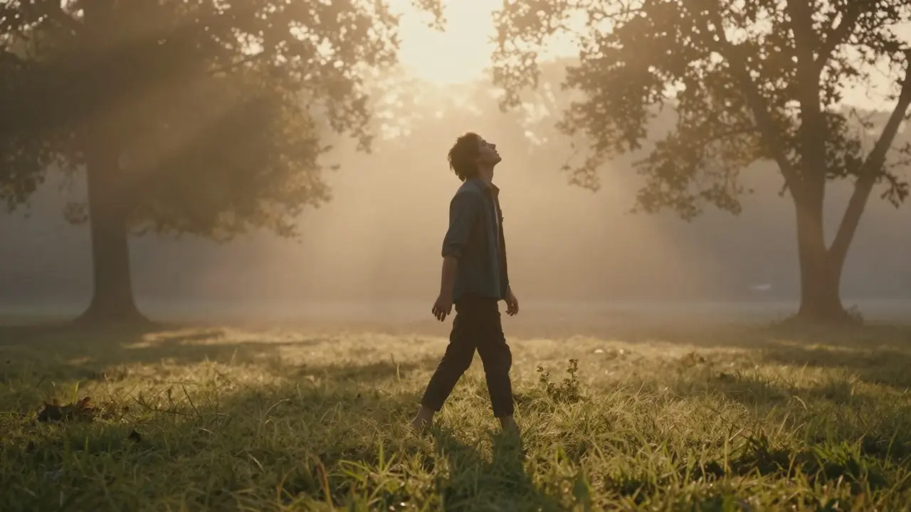 Osoba šeptá na trávě v ranním světle, za ní se rozptylují stíny dřívějšího efektu THC.