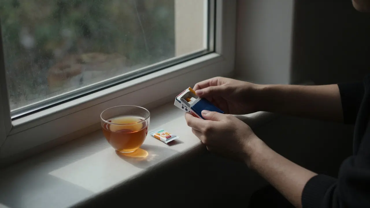 Osoba u okna s prázdným balíčkem cigaret a obalem po CBD gumičce, ráno.