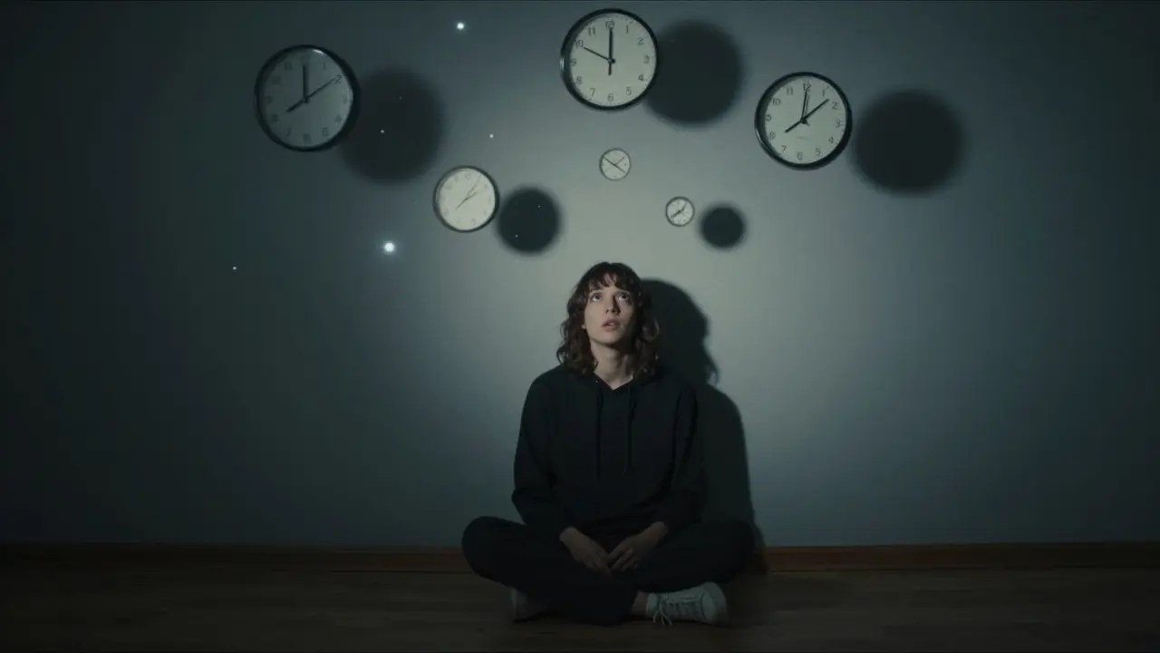 Osoba ztracená v čase, kdy se kolem ní pomalu pohybují hodiny a světlo, symbolizující dlouhé účinky THCP.