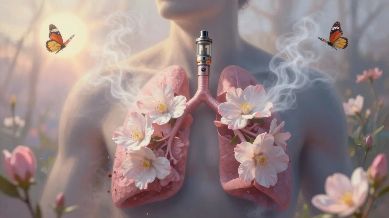 Plicní tkáň jako kvetoucí zahrada, kde se kouř z vapingu mění v světlo a motýly.