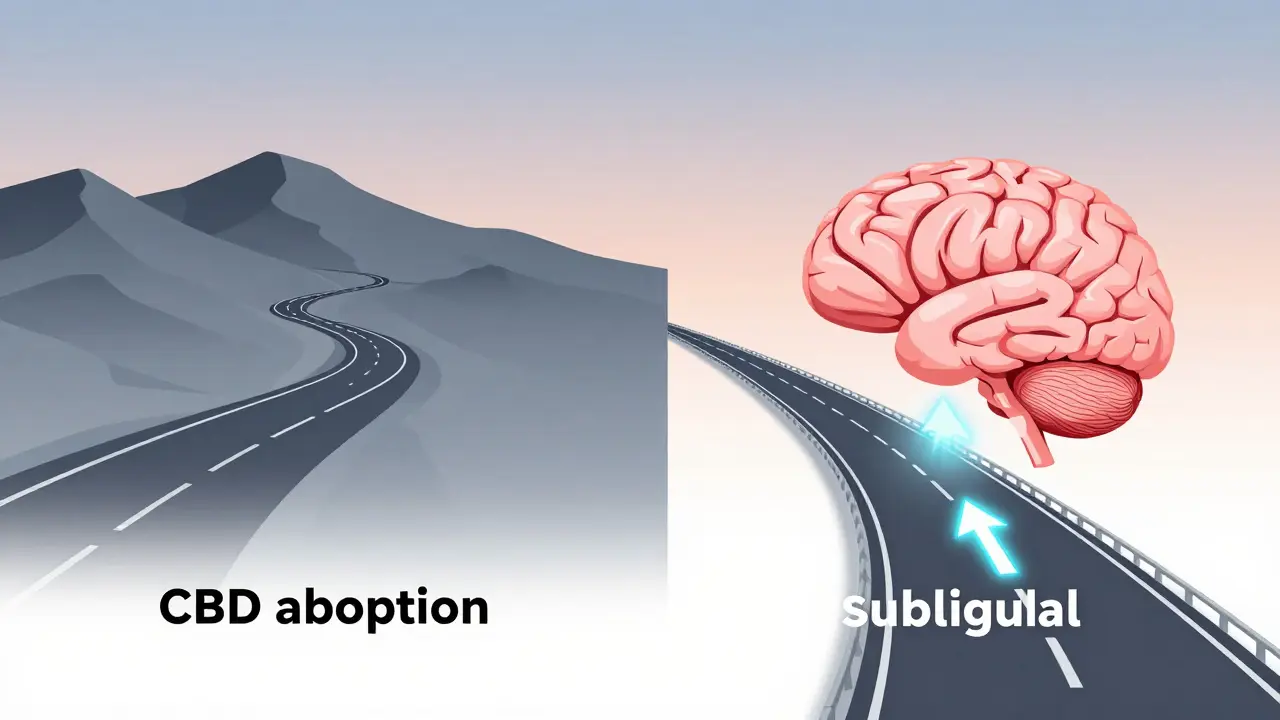 Porovnání cest absorpce CBD: pomalá cesta přes trávicí systém vs. rychlá přímá cesta pod jazyk.