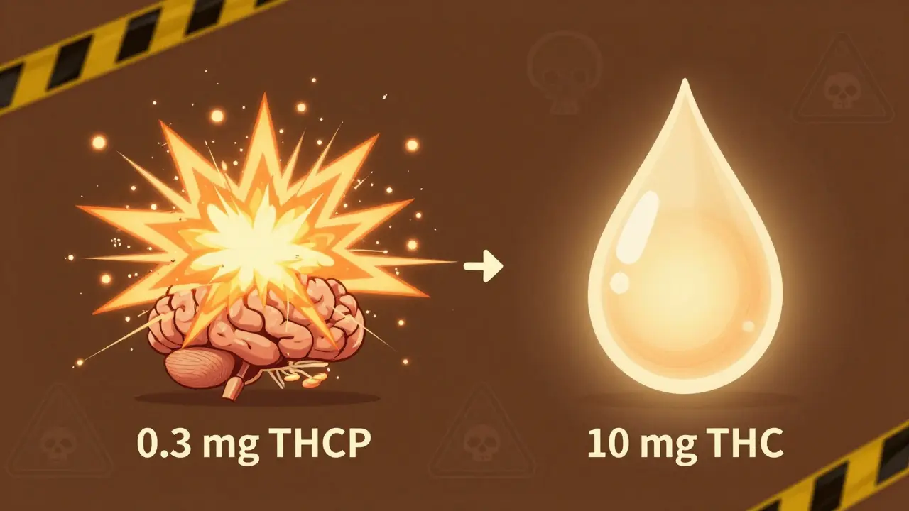 Porovnání dávek THCP a THC: malá kapka THCP vyvolává silnější mozkovou reakci než větší dávka THC.
