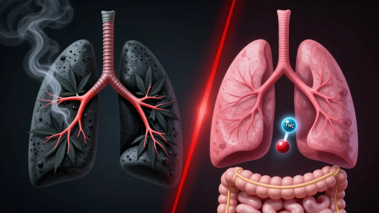 Porovnání poškozených a zdravých plic při kouření konopí.