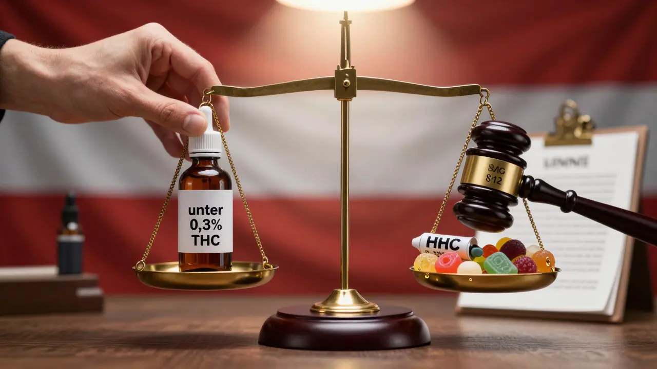 Právní váha: CBD na jedné straně, HHC produkty na druhé, s kladivem SMG §12.