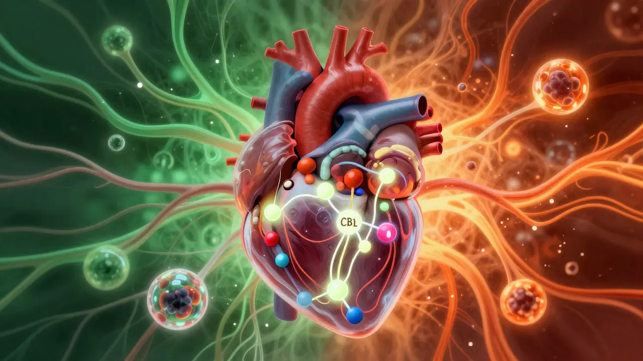 Průhledné srdce s aktivovanými CB1 receptory, které reagují na molekuly THC a adrenalinu.