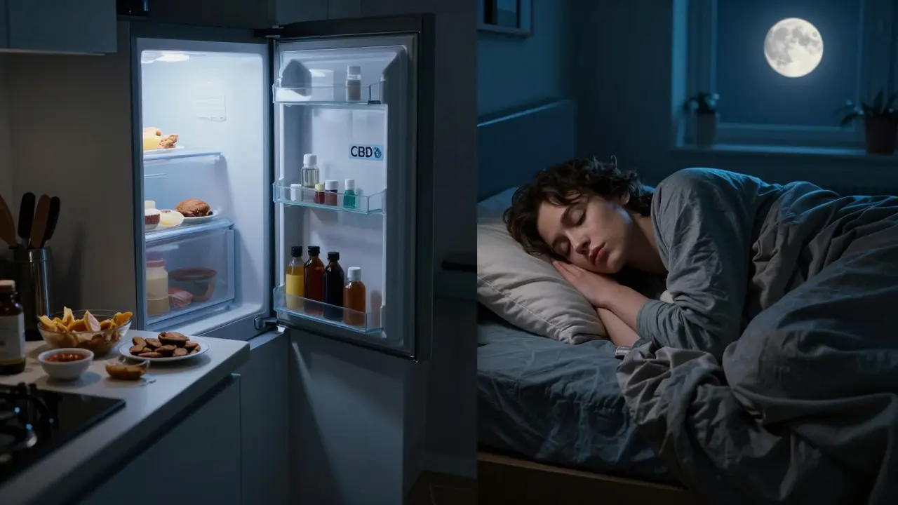 Rozdělený obraz: nocní přejídání vs. klidný spánek — CBD může pomoci spát lépe.