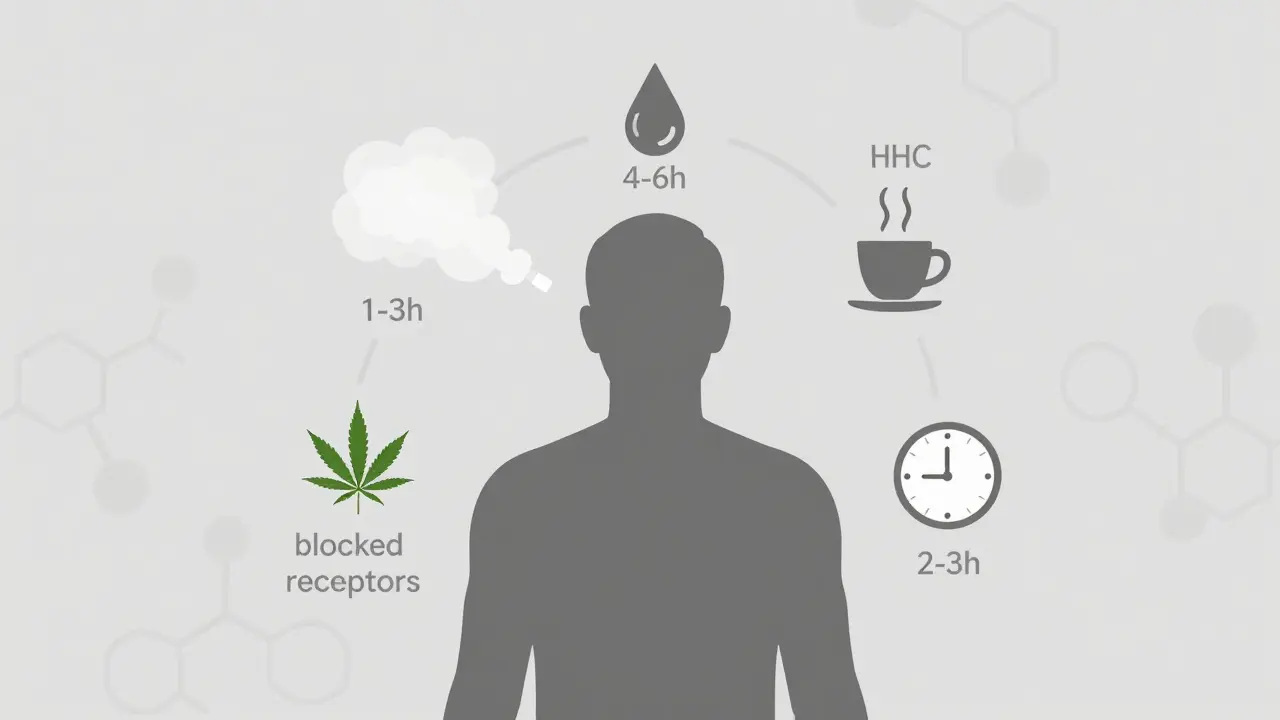 Schematický přehled různých způsobů užívání HHC a jejich trvání účinku.