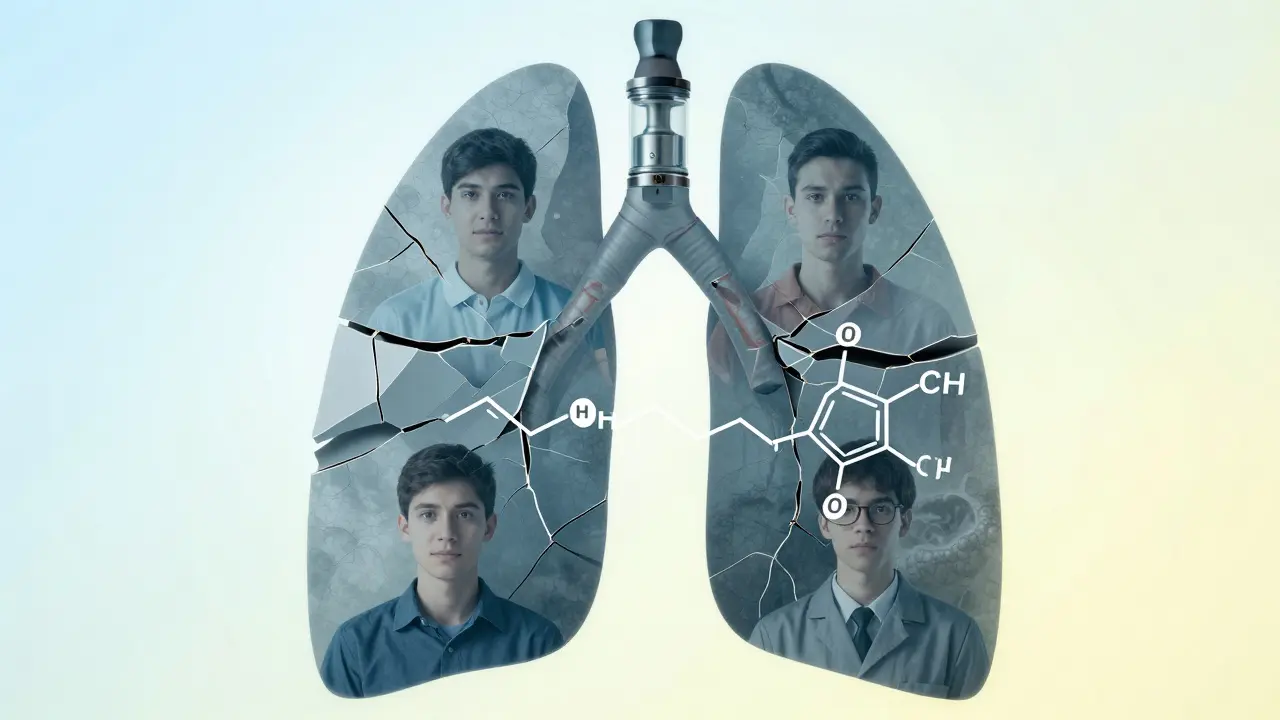 Shattered lung with reflected faces and vitamin E acetate chemical structure.