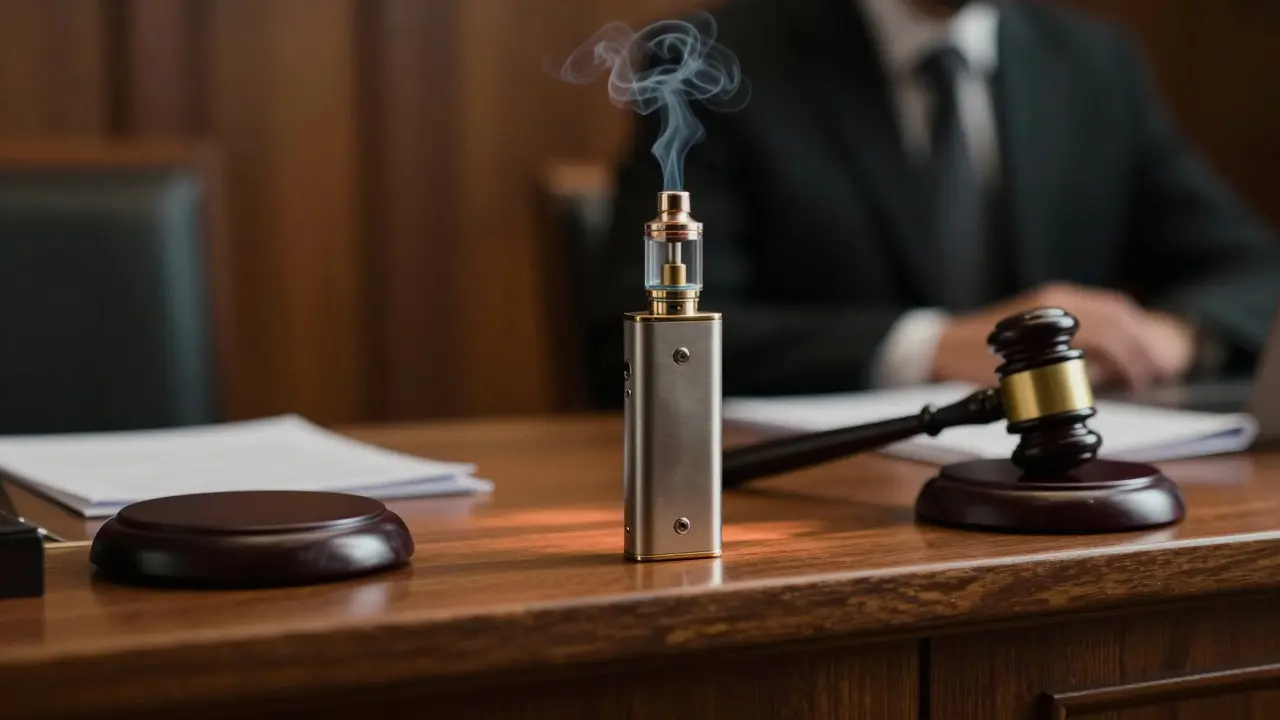 Soudní síň v Praze s vaping zařízením a gavélem, teplé světlo