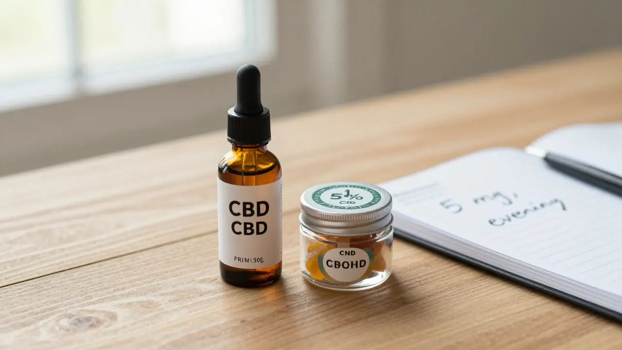 Tři CBD produkty na dřevěném stole: olej, žvýkačky a potvrzení kvality laboratoře.