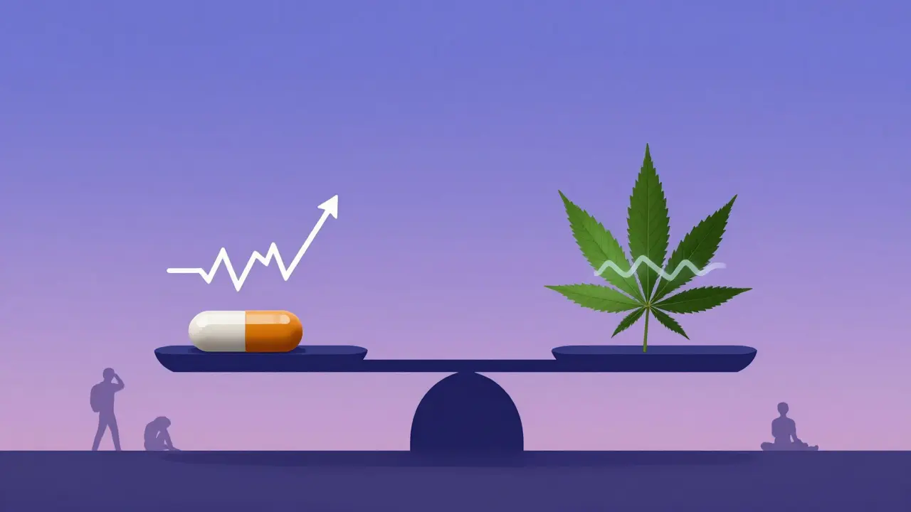 Váha s THC a CBD, symbolizující rozdílné účinky na srdeční frekvenci a tělesnou reakci.