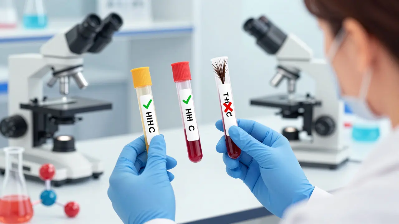 Vědec zkoumá močový, krevní a vlasový test s detekcí THC.