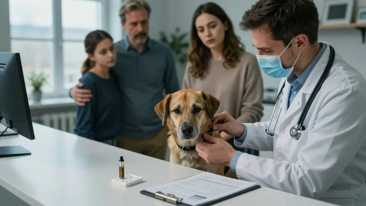 Veterinarian examining a dog with THC poisoning, testing kit and vape pen on counter in clinic.