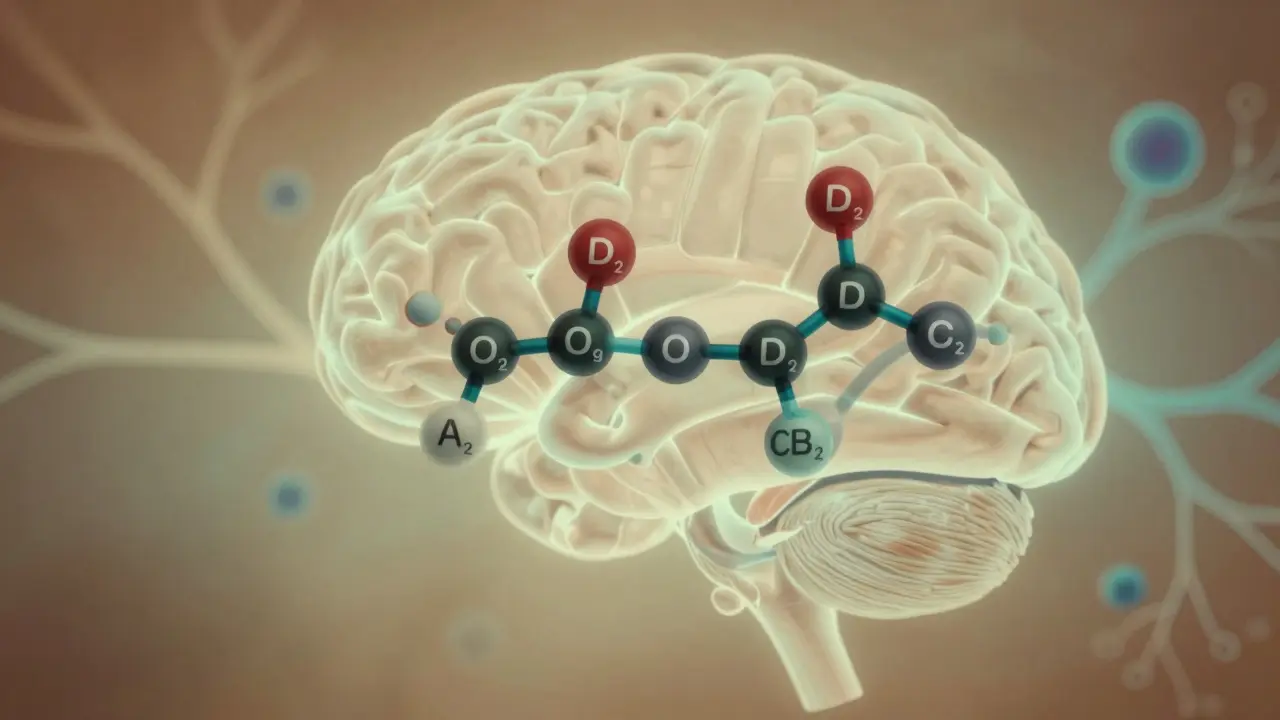 Vizuální reprezentace CBD molekul spojujících se s receptory v mozku a imunitních buňkách.