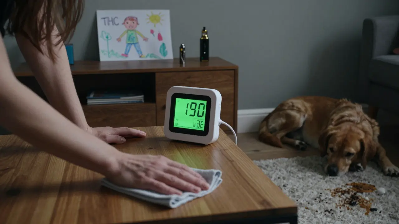 Woman cleaning a table while an air monitor shows high THC levels; a child's drawing and vape pen nearby.