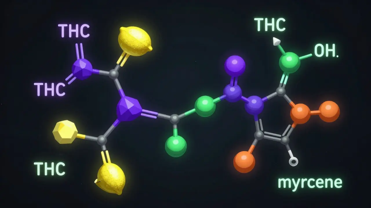 Abstraktní vizualizace molekul THC a terpenů v konopí