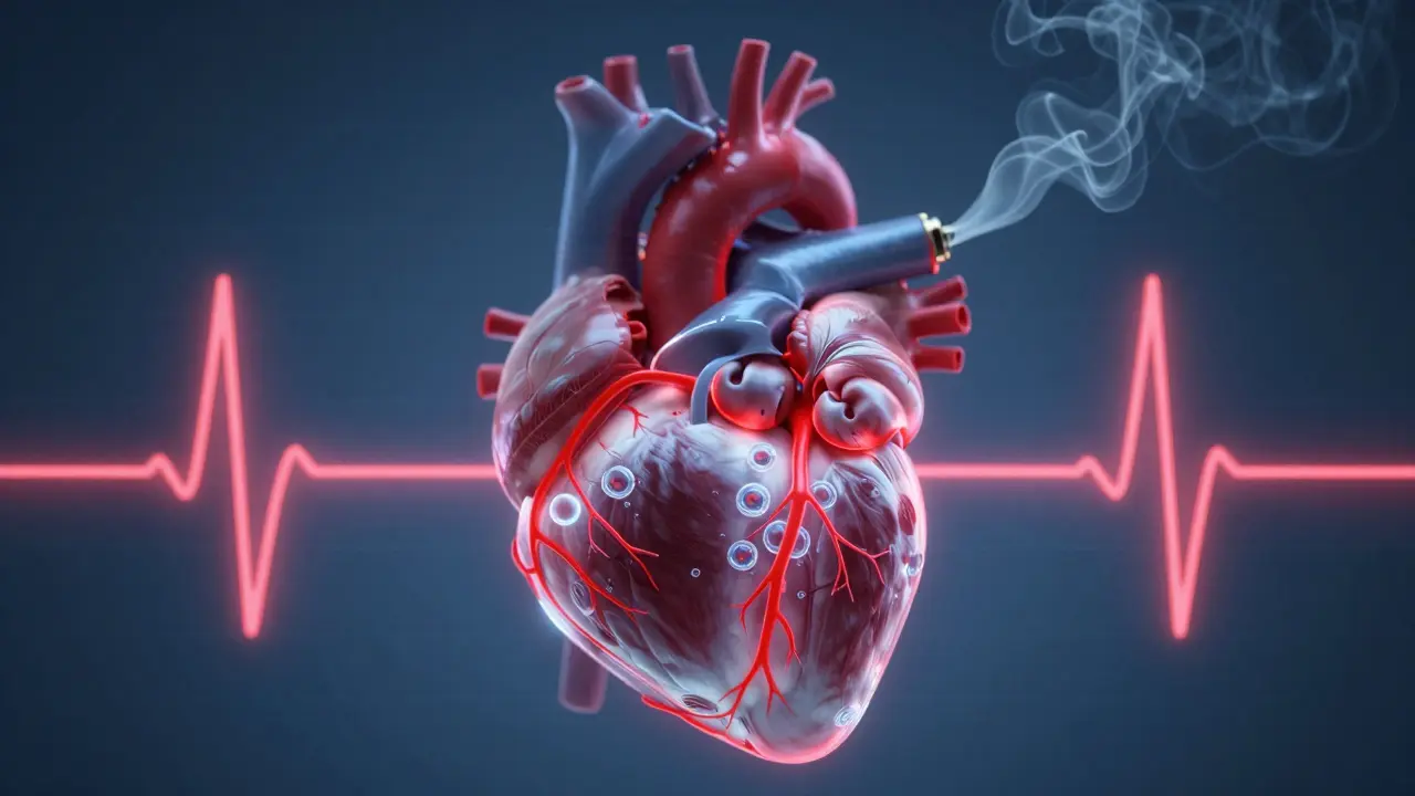 Anatomický výkres srdce s červenými cestami zrychleného tepu a zužujícími se cévami, THC molekuly vstupují z plic.