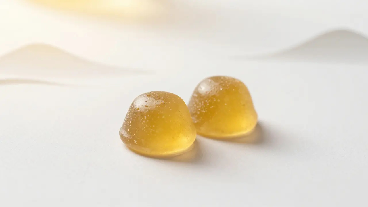 Dvě CBD gumičky na bílém pozadí s jemným zářivým efektem, symbolizující klid a rovnováhu.