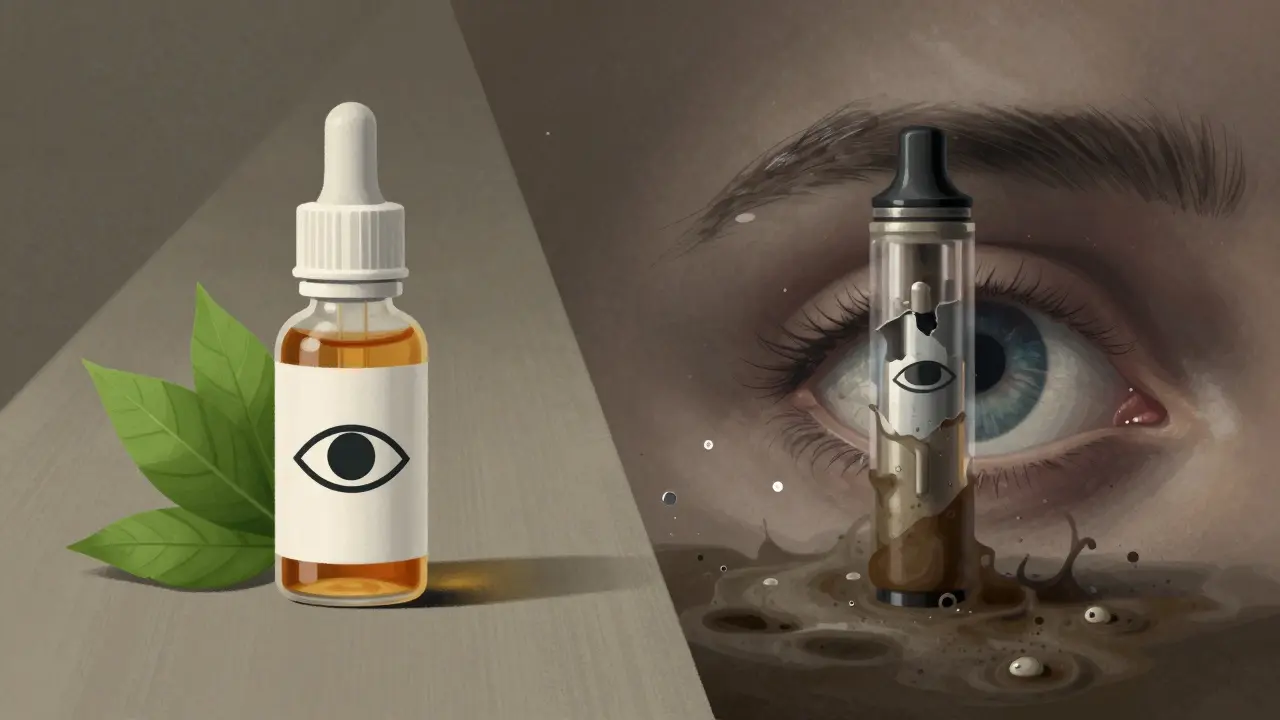 Dvě cesty: čisté CBD olej vs. kontaminovaná vape kapalina, s kontrastem mezi zdravým a poškozeným zrakem.