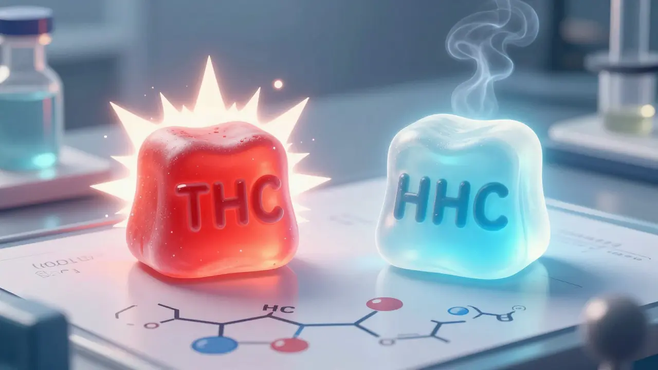 Dvě gummy: jedna červená THC s intenzivní energií, druhá modrá HHC s klidným zářením.