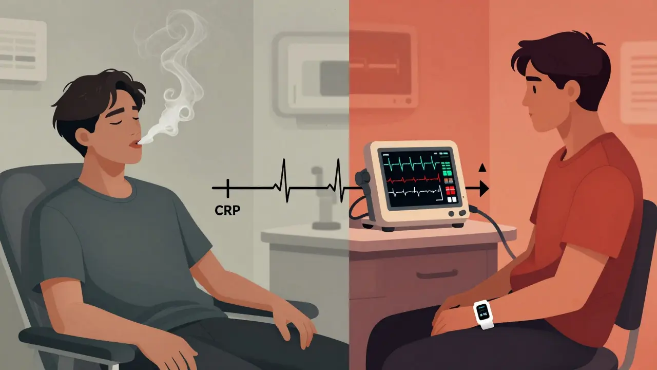 Dvě strany jednoho muže: vlevo vapyuje, vpravo má EKG s poruchou rytmu a lékařský přístroj.