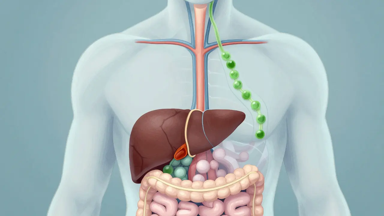 Human torso showing CBD absorption paths: through digestion after eating gummies versus under-the-tongue uptake.