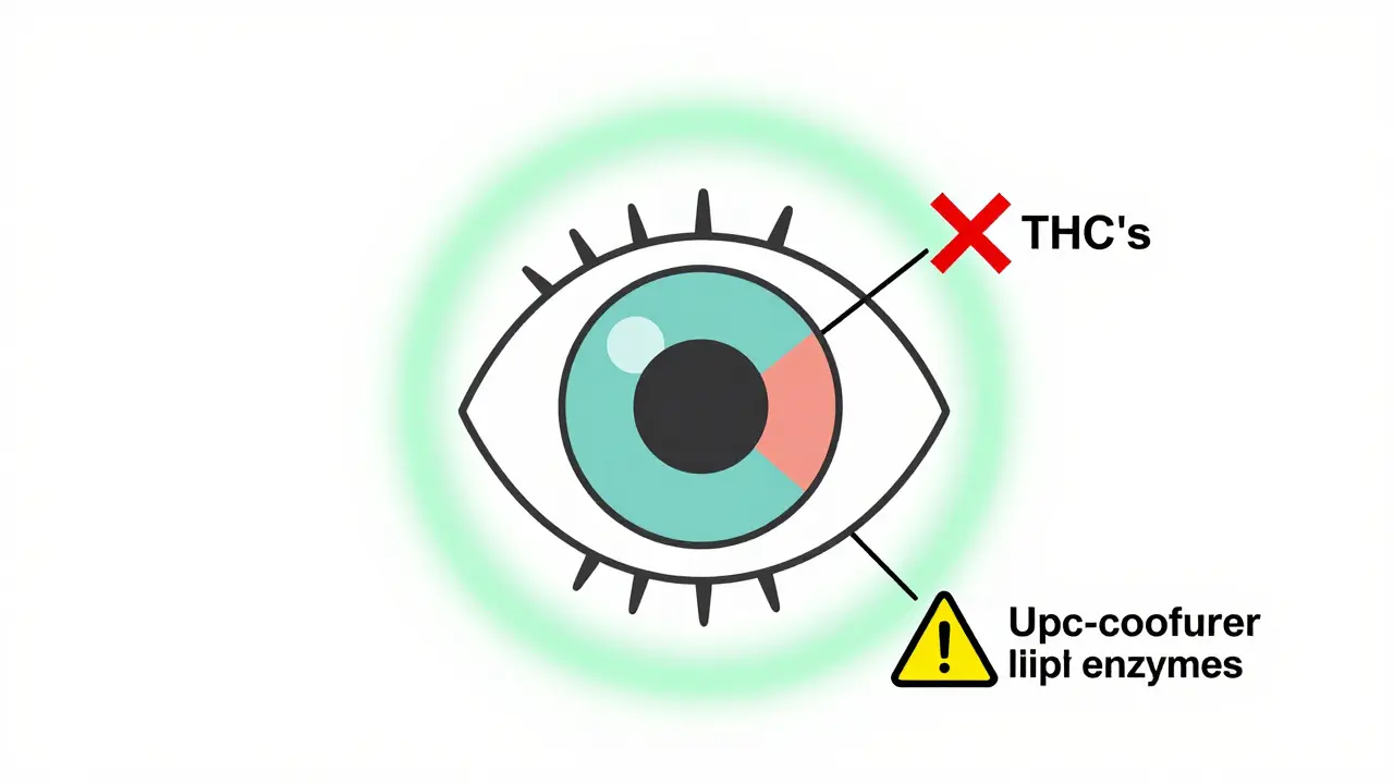 Kresba lidského oka s označeným vnitřním tlakem a interakcemi s léky, bez textu, v minimalistickém stylu.