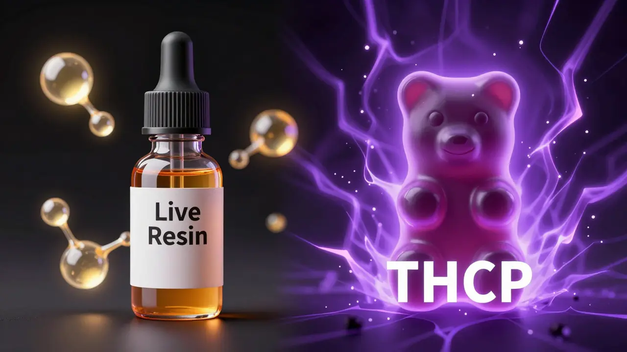 Lab vial of live resin next to glowing THCP gummy with energy waves