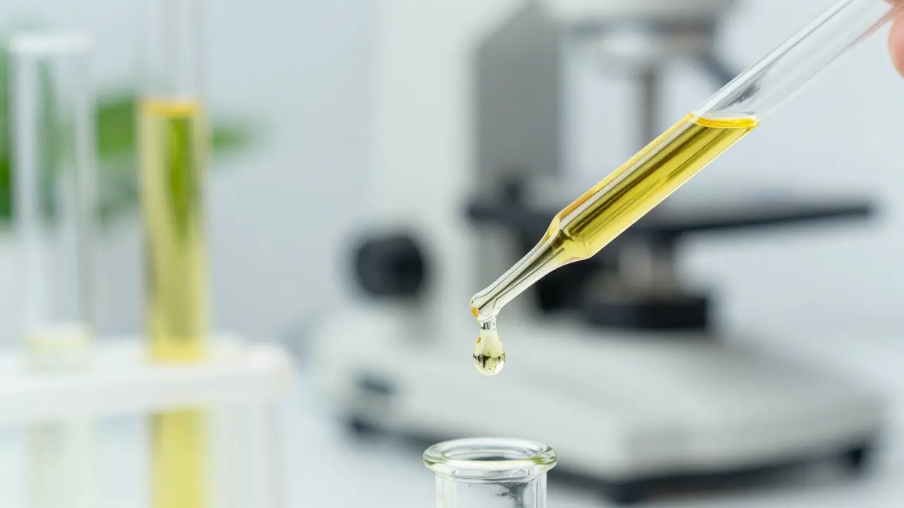 Makro záběr kapky oleje a laboratorních nástrojů pro testy.