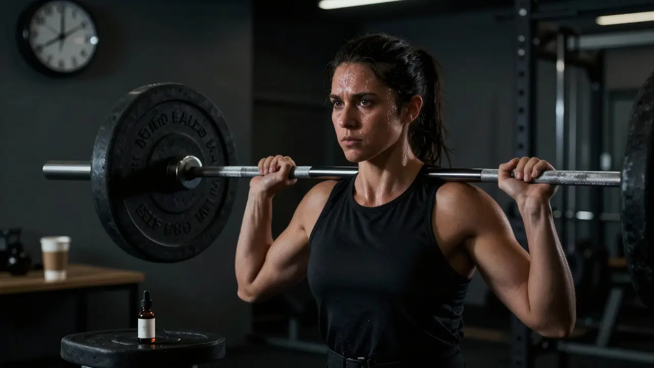 Muž zvedá závaží v posilovně, v pozadí vidět hodiny, kávu a CBD láhev.