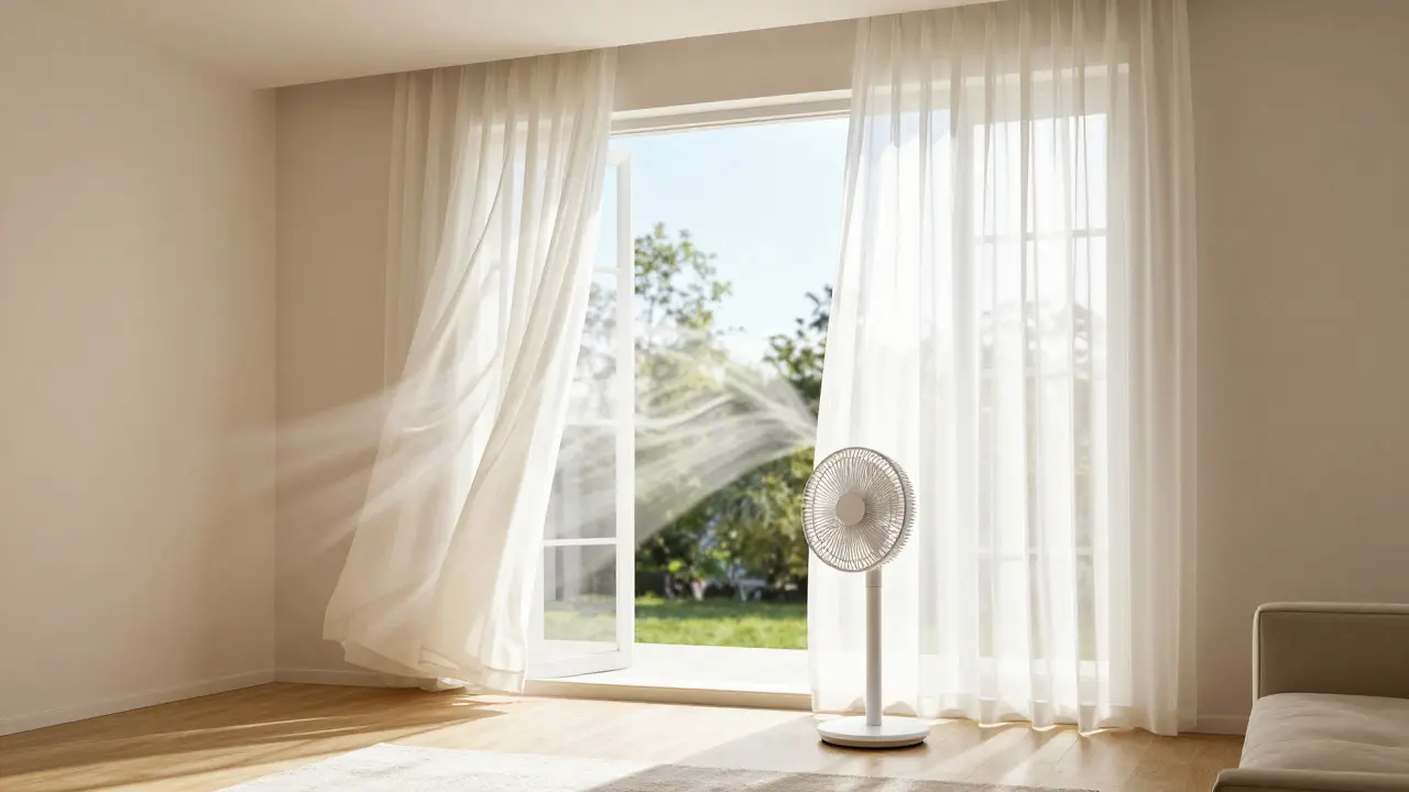 Obývací pokoj s otevřeným oknem a větráním pro čerstvý vzduch.