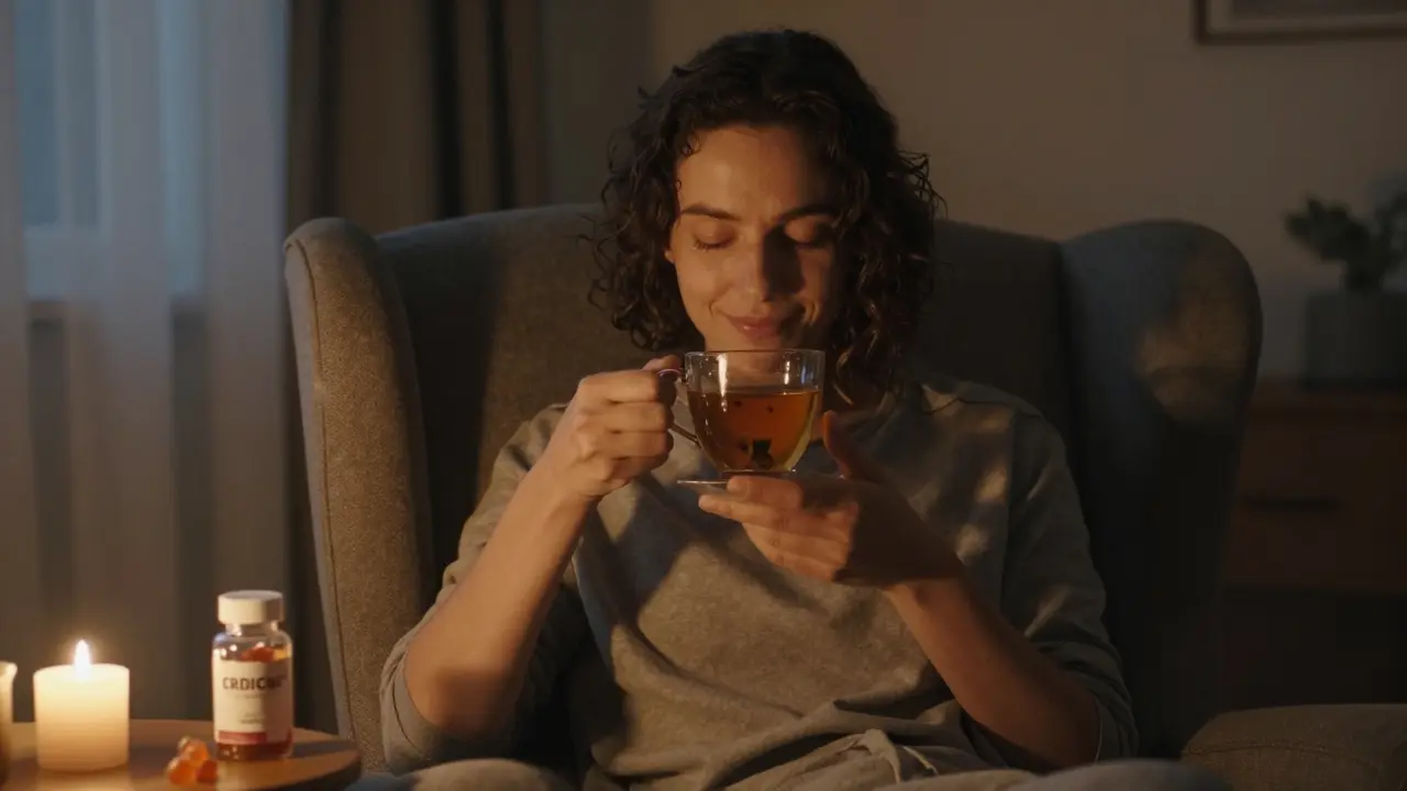 Osoba sedí v křesle ve večerním světle s gumičkami CBD na stole, klidně dýchá před spaním.