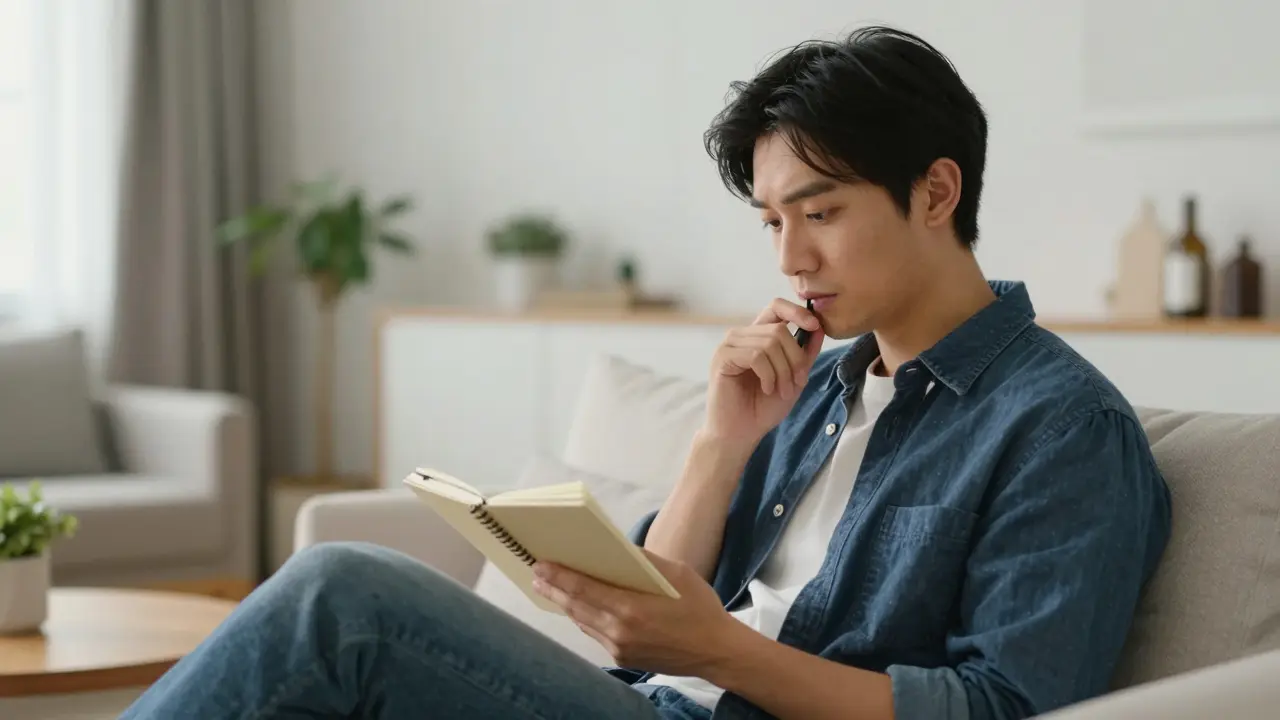 Osoba v klidném prostředí přemýšlí nad bezpečnou konzumací