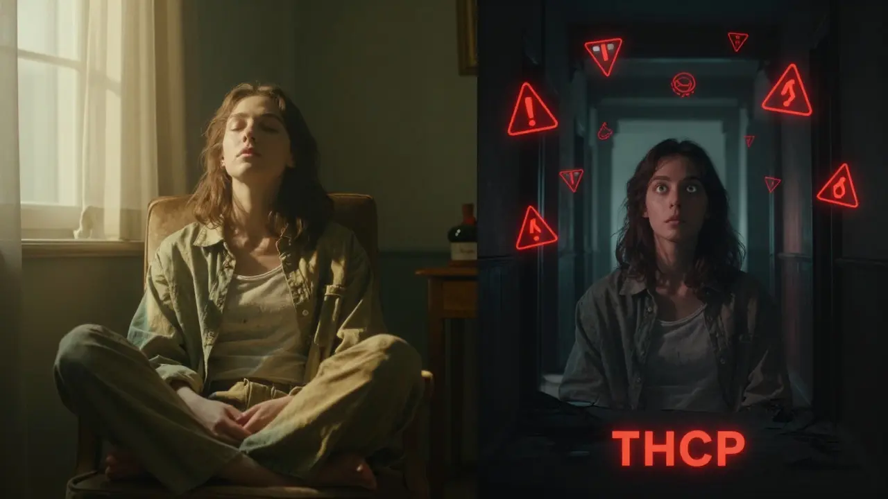 Person experiencing calm relaxation vs. disoriented hallucination from cannabinoids