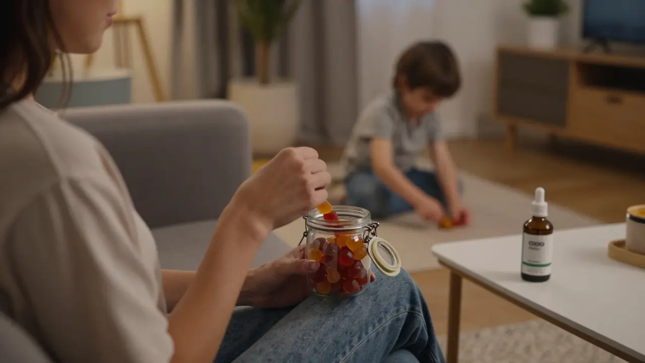 Person taking a CBD gummy from a locked jar, child safely playing nearby, emphasizing safe storage at home.