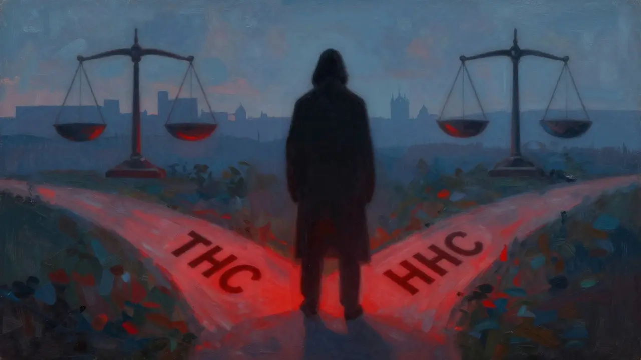 Postava na rozcestí mezi zakázaným THC a právně nejistým HHC v českém městě.