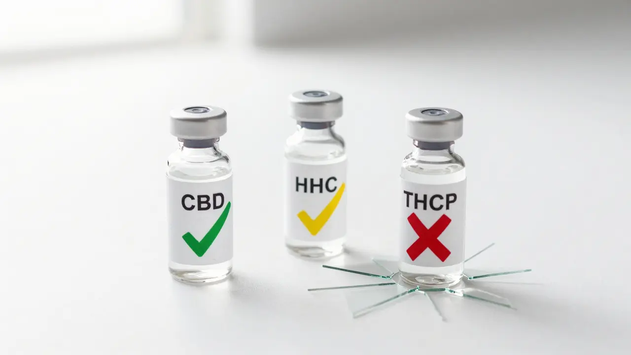 Tři láhve s kanabinoidy: CBD a HHC legální, THCP zakázaný